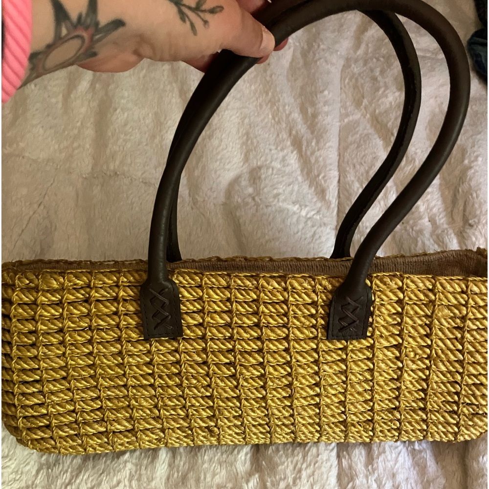 Leather top handle straw bag
